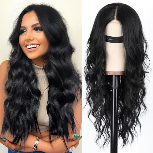 AISI HAIR Black Wig for Women, Long Wavy Lace Hairline Middle Part Synthetic Heat Resistant Wig f... | Amazon (US)