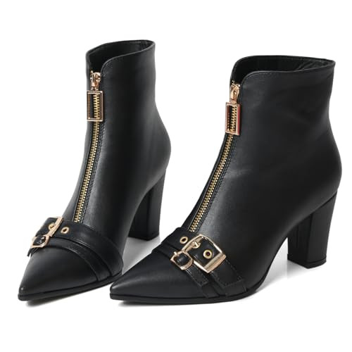 FOREADA Pointed Toe Boots Black Ankle Boots For Women Chunky Heel Boots Short Booties Winter Fashion Dress Shoes with Zipper | Amazon (US)
