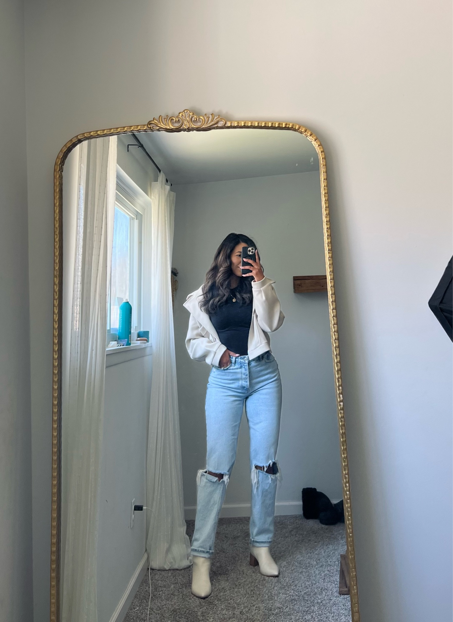 Outfit of the day! The dad jeans! Abercrombie style! Abercrombie must have! Skims smoothing tee! Casual style! Biker jacket! Neutral style 

Skims tee- small 
Jacket- medium 
Jeans- curve love 27/ long 

#LTKunder50 #LTKsalealert #LTKstyletip