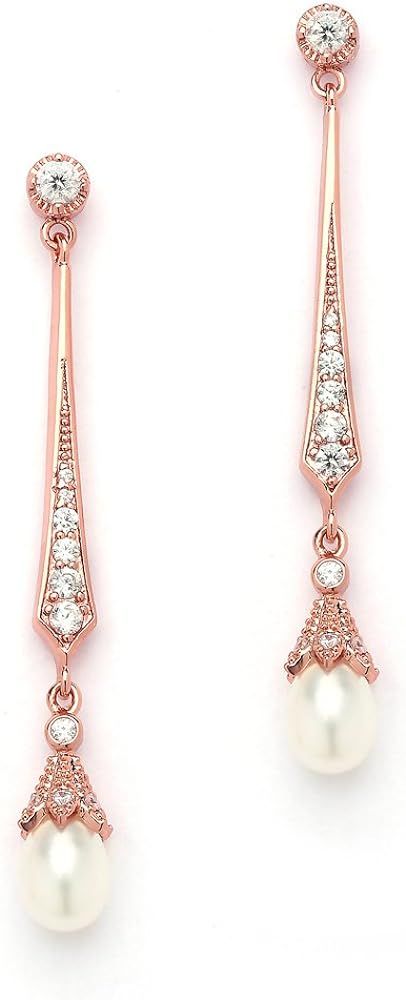 Mariell Rose Gold Freshwater Pearl Cubic Zirconia Dangle Earring for Brides, Wedding, Birthday Gi... | Amazon (US)