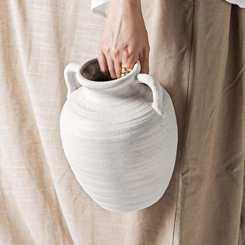Large White Ceramic Vase - 9.5 Inch Rustic Farmhouse Flower Vase with Handles for Home Decor, Vintage Tall Vase for Living Room, Table, Bathroom, Holiday & Weddings (Sandstone White) | Amazon (US)