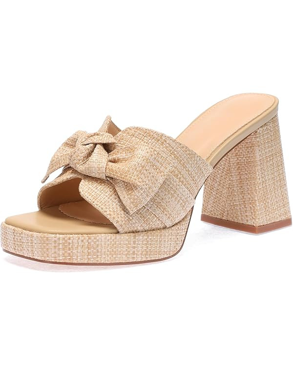 Monrovia Raffia Heeled Sandals for Women，Platform Wedge Slip On Block Heel, Dressy Summer Open ... | Amazon (US)