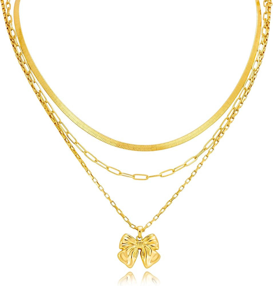 CLASSYZINT Layered Gold Bow Necklace For Women 3pcs Adjustable Gold Chain With A Chunky Bow Penda... | Amazon (US)