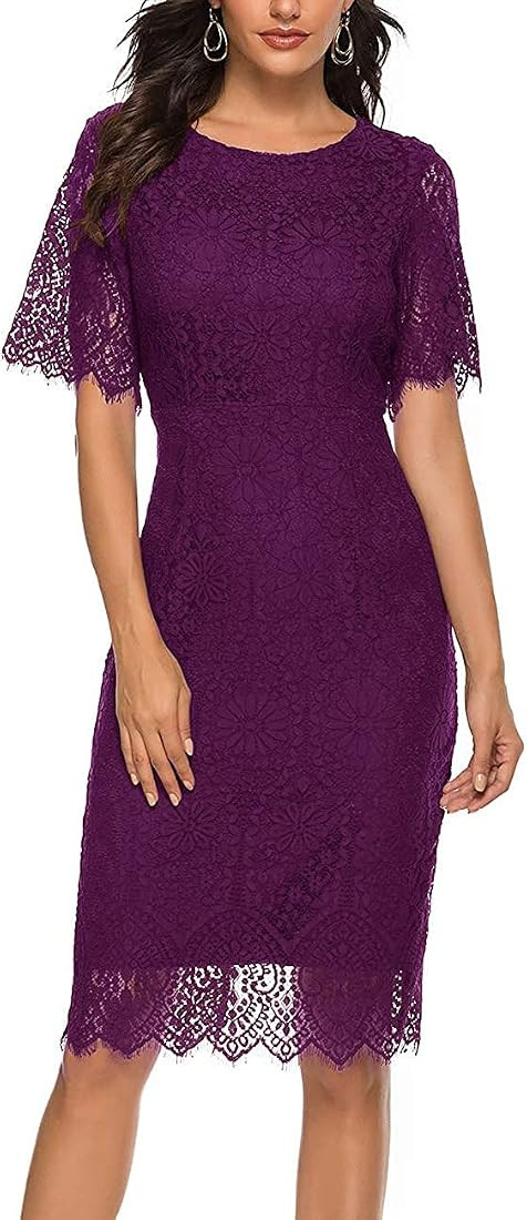 MEROKEETY Women's Short Sleeve Lace Floral Cocktail Dress Crew Neck Knee Length for Party | Amazon (US)