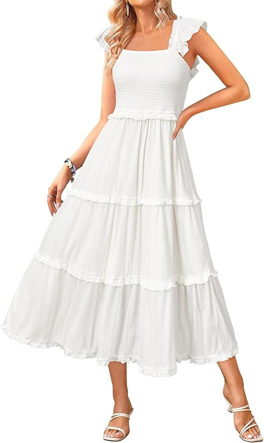 Newshows Women's 2025 Summer Wedding Guest Dress Ruffle Sleeve Smocked Square Neck Long Flowy Tie... | Amazon (US)