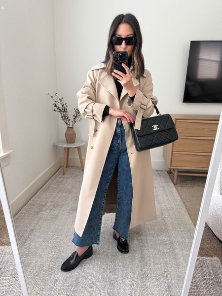 Oak + fort trench coat. Love this trench so much. Runs oversized even when you size down. 

Oak + Fort trench xxs
Majestic Filatures turtleneck xs
J.crew jeans petite 24
J.crew loafers 5
Chanel trendy cc small
YSL sunglasses 

#LTKSeasonal #LTKshoecrush