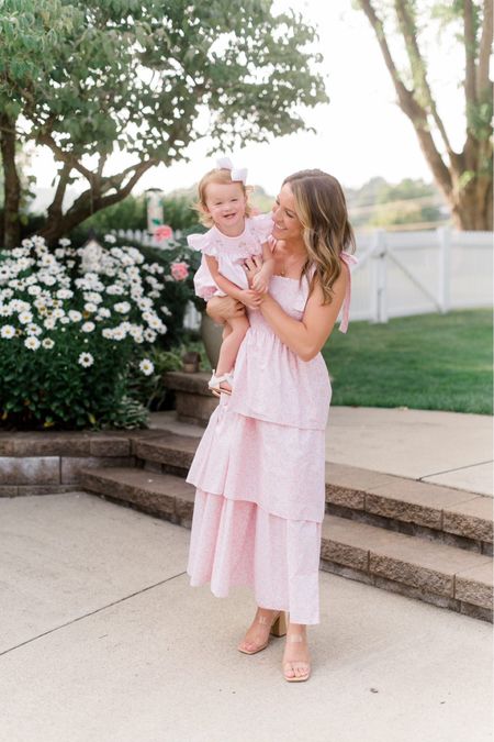 Pink maxi dress, family photos, mother daughter, pregnancy announcement, gender reveal, milestone pictures, bow shoulder dress