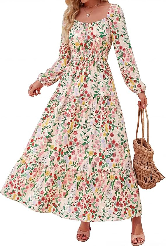 BTFBM Long Sleeve Dress for Women 2026 Spring Fall Boho Floral Square Neck Casual Flowy Long Wedd... | Amazon (US)