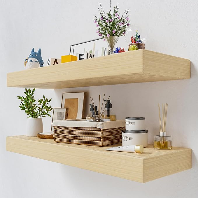 White Oak Floating Shelves, 2-Piece Wood Floating Shelves for Wall, 24W x 8D x 2 Inch Thick Bathr... | Amazon (US)