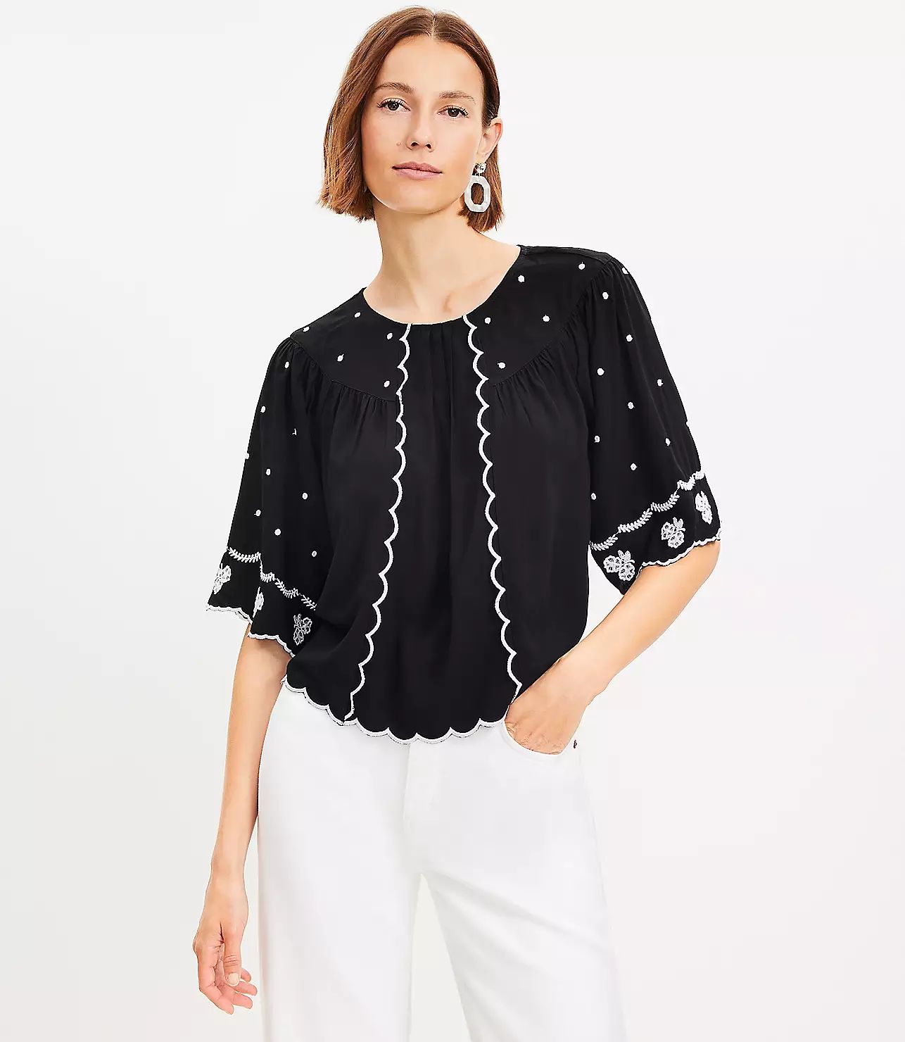 Petite Embroidered Scalloped Blouse | LOFT