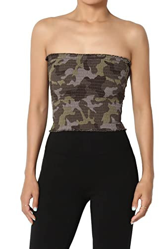 TheMogan Women's Camo Strapless Smocked Pleated Bustier Bandeau Tube Crop Top Olive M | Amazon (US)