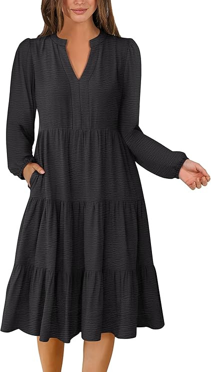 ANRABESS Womens Long Sleeve Midi Dresses | V Neck Swing Tiered Dress, Beach Vacation Work Busines... | Amazon (US)