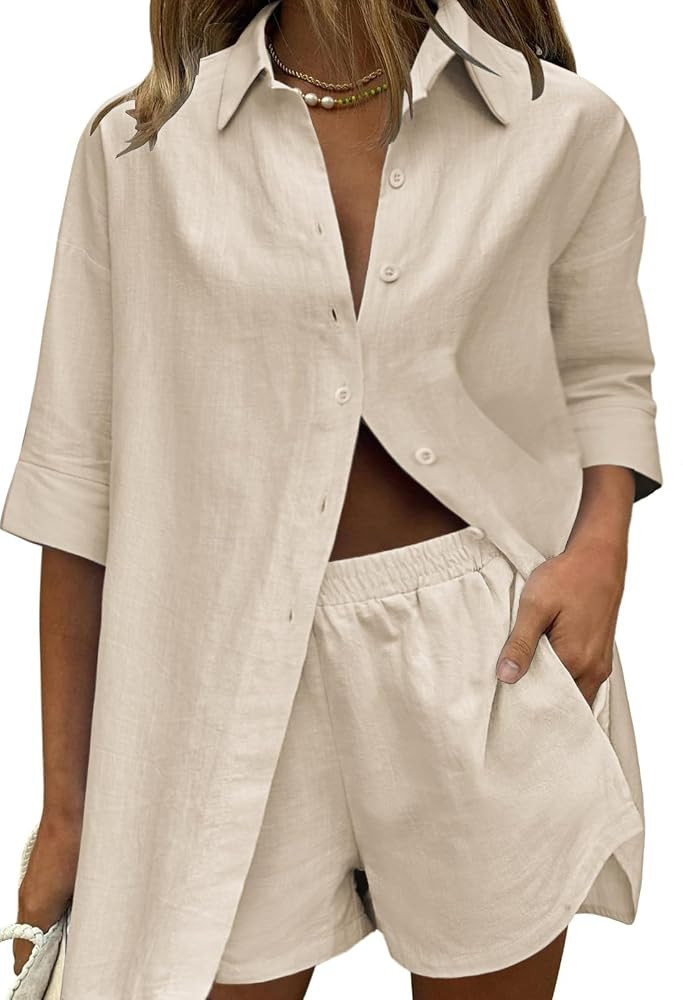 Zeagoo Women Linen Sets 2 Piece Tracksuit Summer Outfits Beach Linen Shirt Elastic Waist Casual S... | Amazon (US)