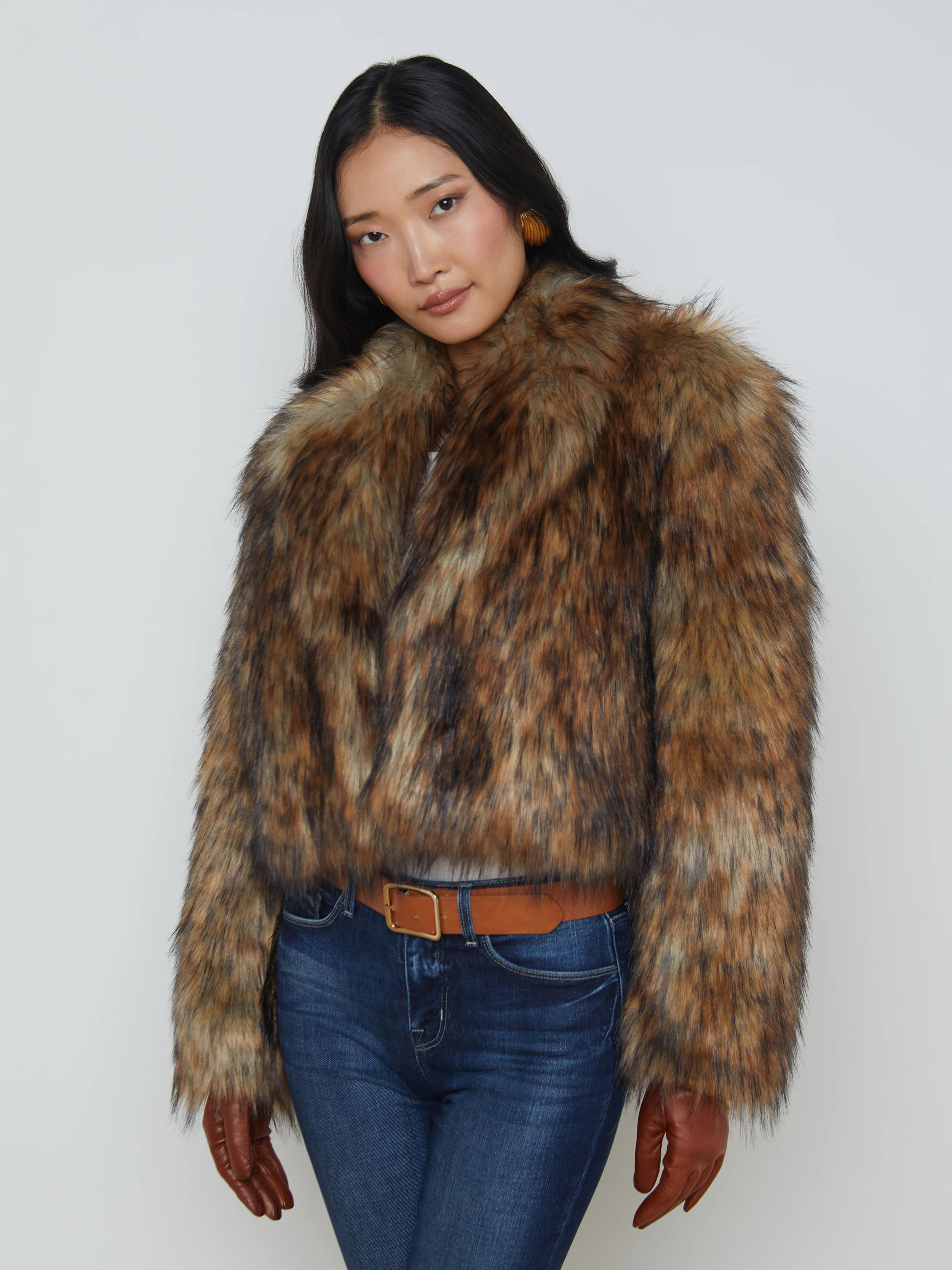 L'AGENCE - Aura Cropped Faux Fur Coat in Tan/Black | L'Agence
