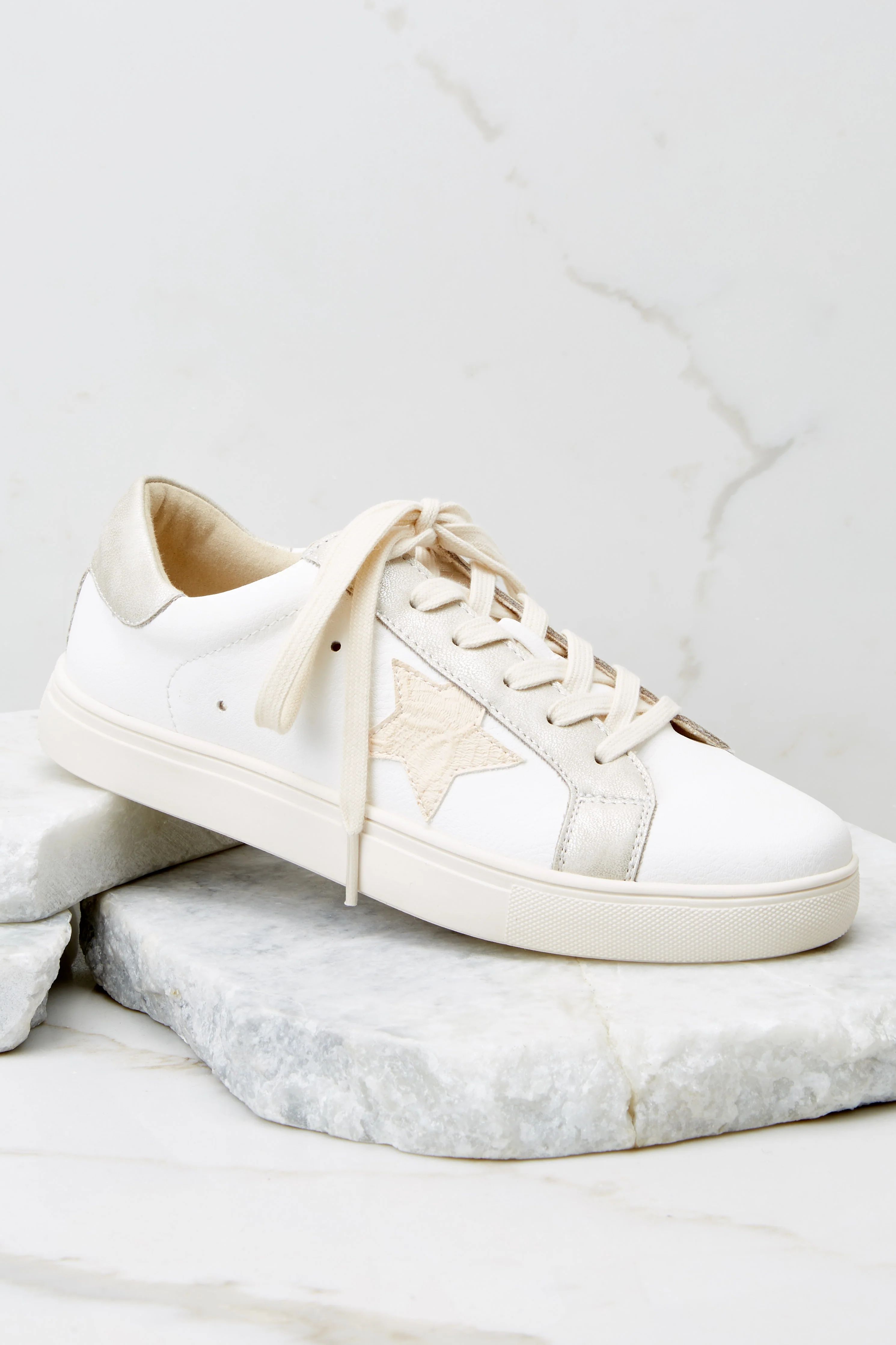 Find The Best White And Champagne Gold Sneakers | Red Dress 