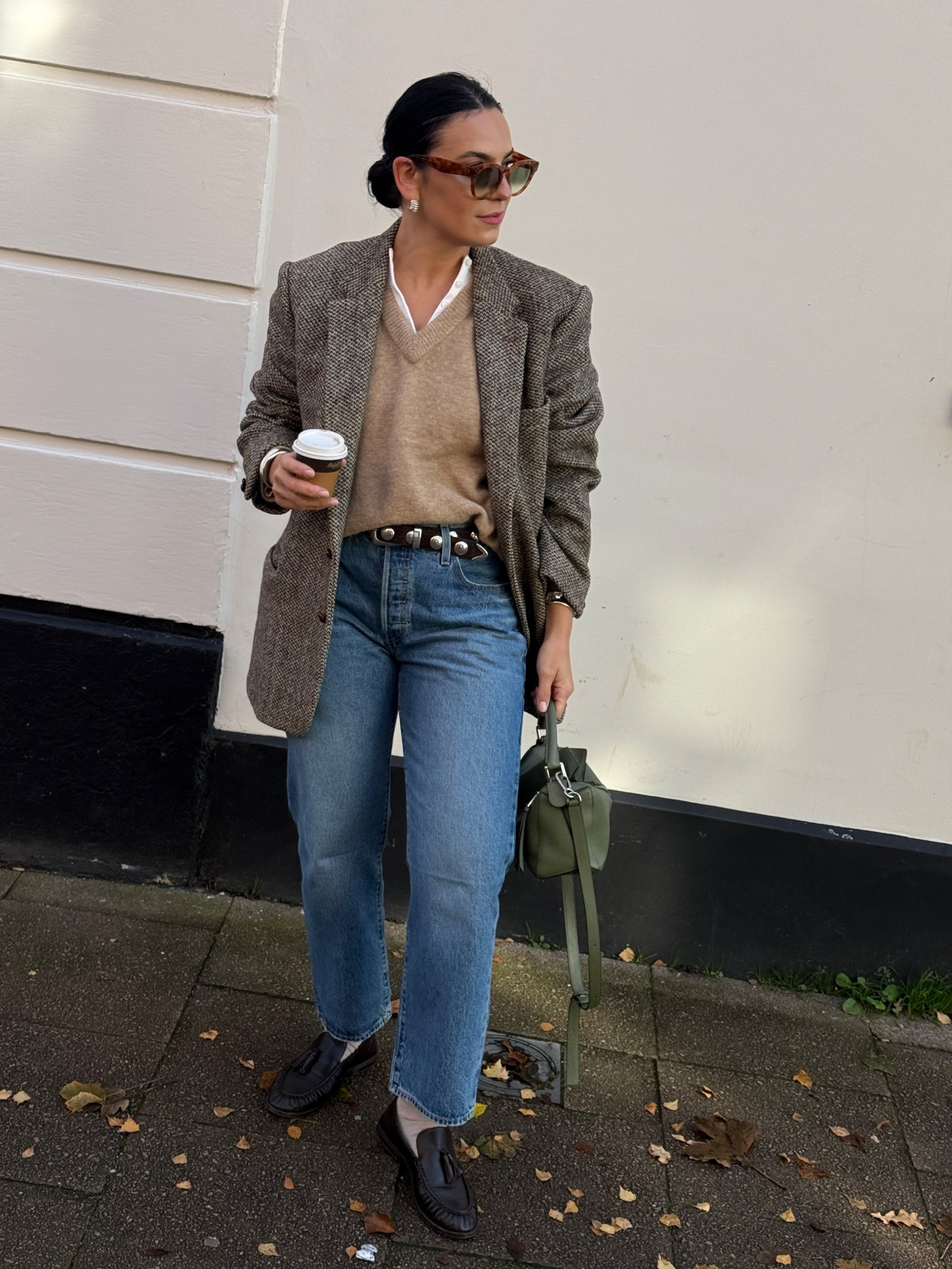 Weekend outfit - Levi’s jeans, v neck jumper, Henley tshirt, studded belt, loafers, vintage men’s Harris Tweed wool blazer

#LTKuk #LTKjeans #LTKwinter