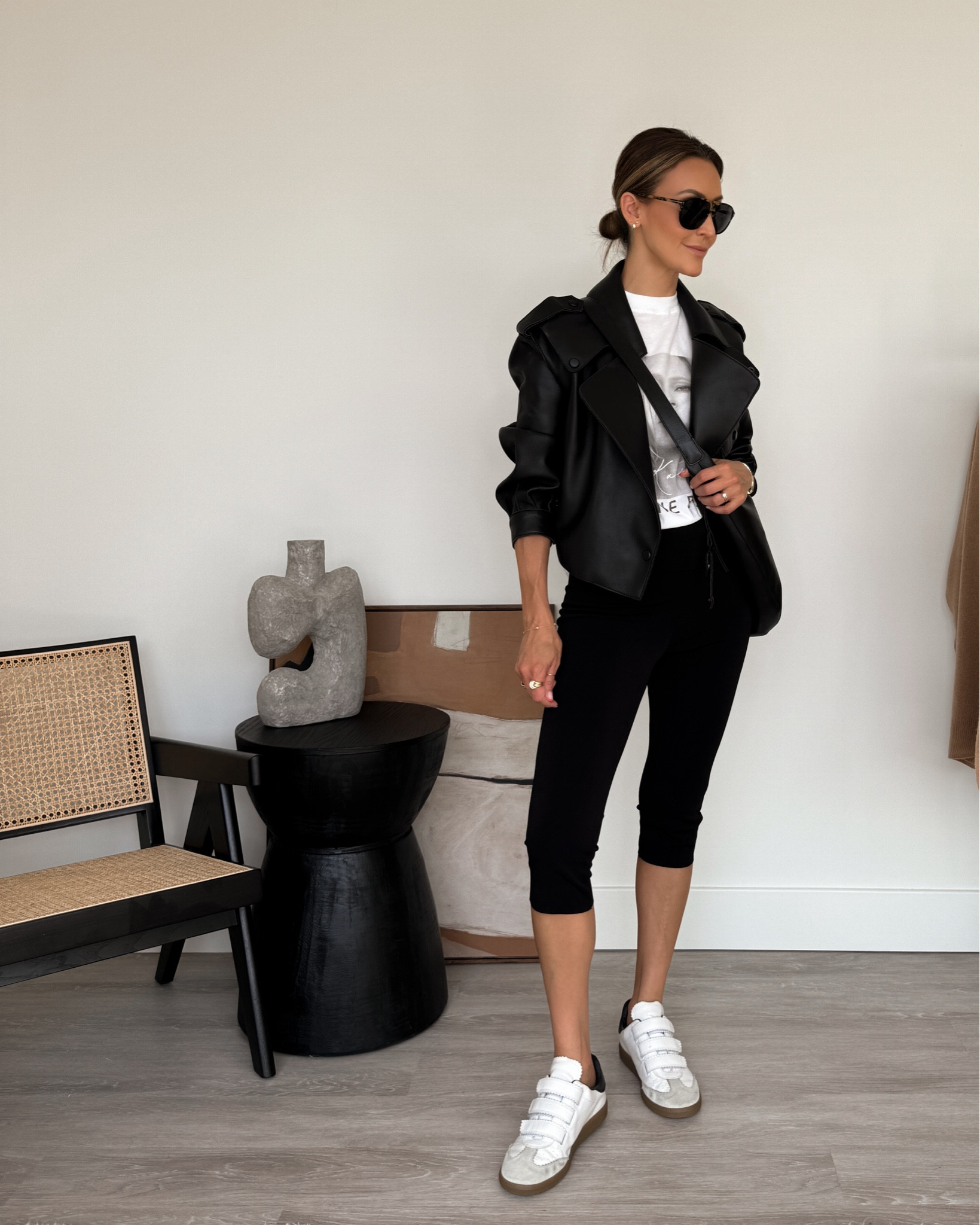 Capri pants styling idea: leather jacket (use code KARINA for a discount) tee XS 
Sneakers and aviator sunnies 

#LTKSeasonal #LTKShoeCrush #LTKStyleTip