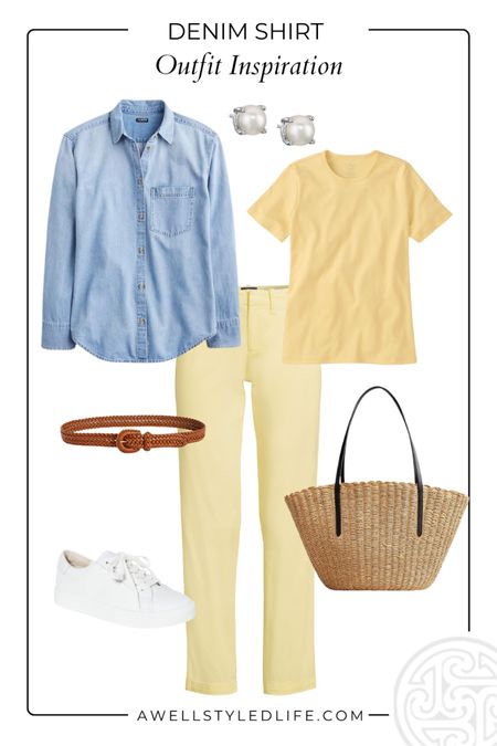 Casual weekend look for the shore. Classic denim shirt, yellow chinos, woven belt and white sneakers with great straw tote from J. Crew.
Summer outfit 


#LTKFindsUnder50 #LTKSeasonal #LTKOver40