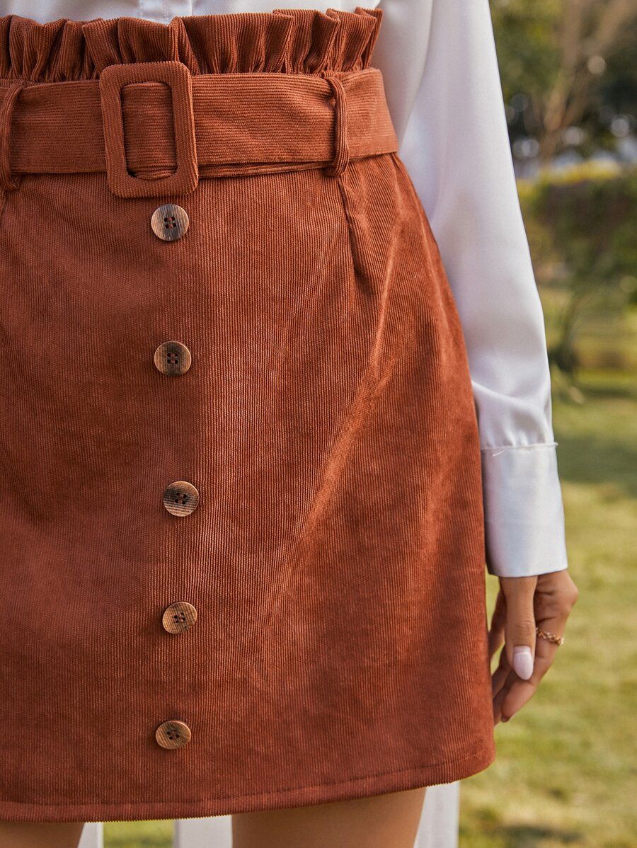 Solid Belted Paper Bag Waist Corduroy Skirt | SHEIN
