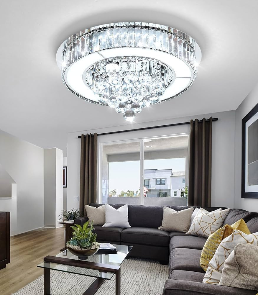 19.6'' Silver Modern Crystal Chandeliers for Dining Room LED Dimmable Light Fixtures Flush Mount ... | Amazon (US)