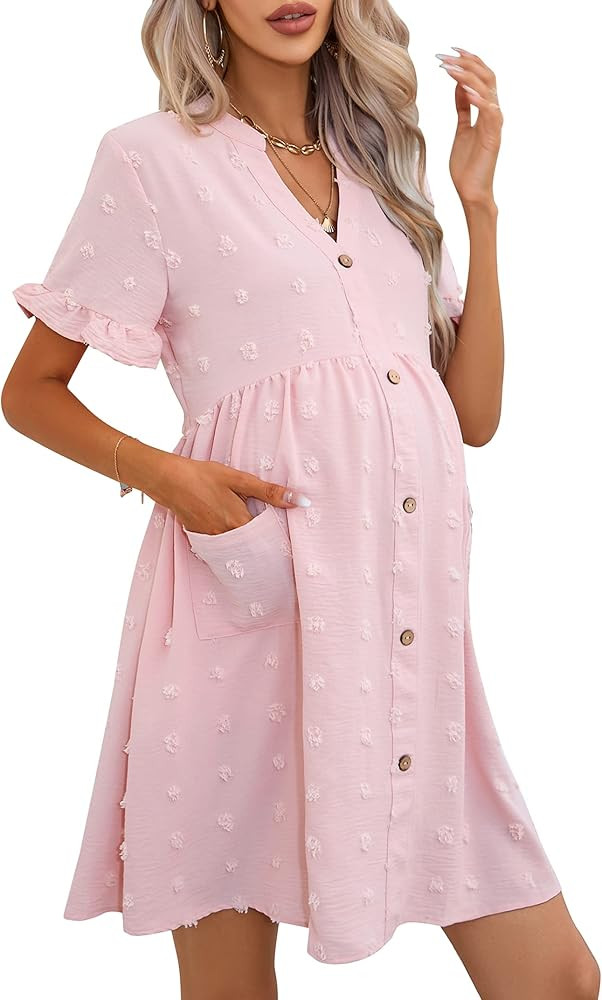 KOJOOIN Maternity Swiss Dot Dress Summer V Neck Short Sleeve Button Down Mini Dress Baby Shower P... | Amazon (US)
