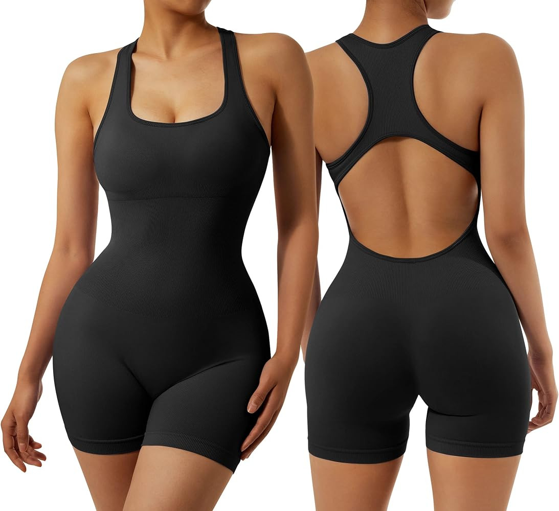 RXRXCOCO Women's Sexy Sleeveless Yoga Jumpsuits Shorts Bodysuit One Piece Deep Scoop Neck Backles... | Amazon (US)