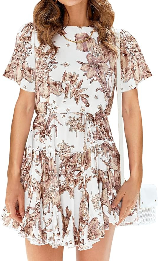 Bonkwa Women's Dresses Ruffle Hem Waist Tie Floral Dress for Women Summer Long Baggy Sleeve Crewn... | Amazon (US)