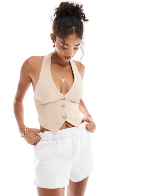 Miss Selfridge halter vest in beige pinstripe | ASOS (Global)