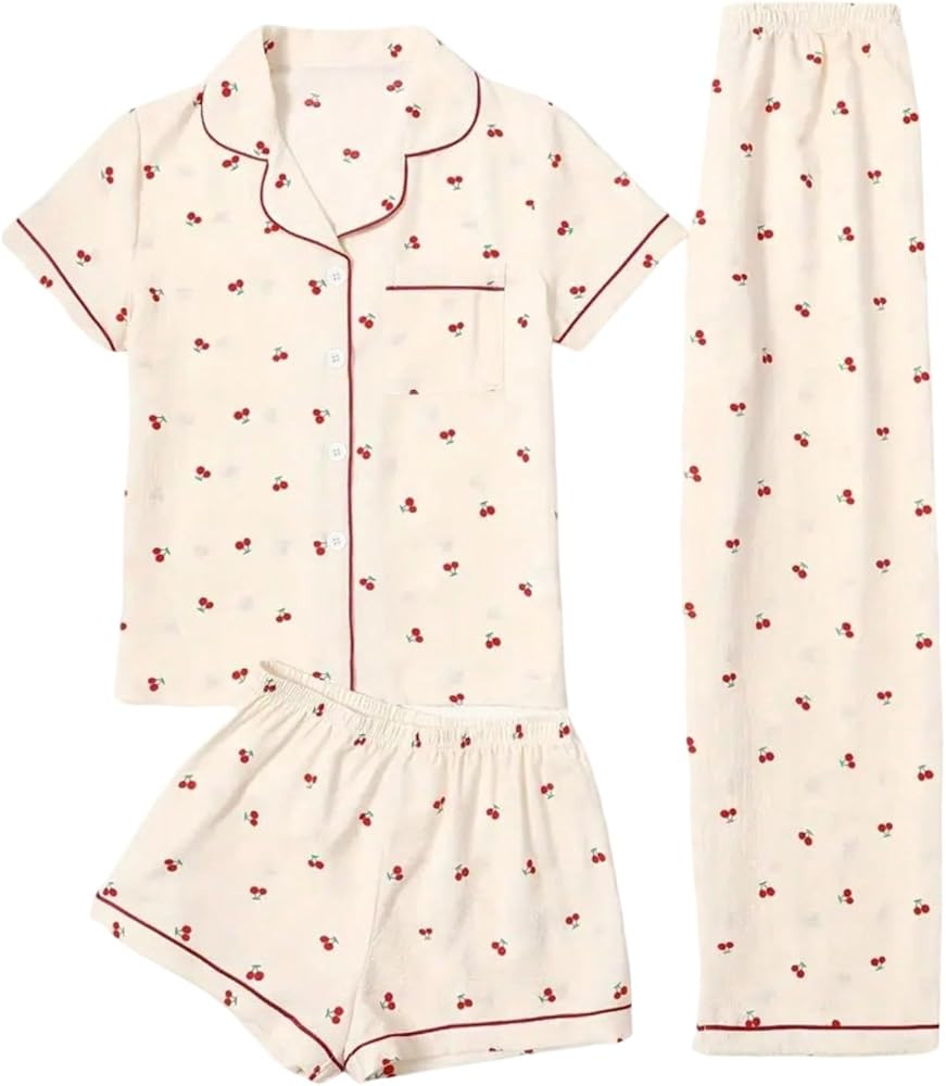 Verdusa Women's 3 Piece Cute Pajama Set Bow Button Down Shirts and Shorts Pants Lounge Pjs Set | Amazon (US)