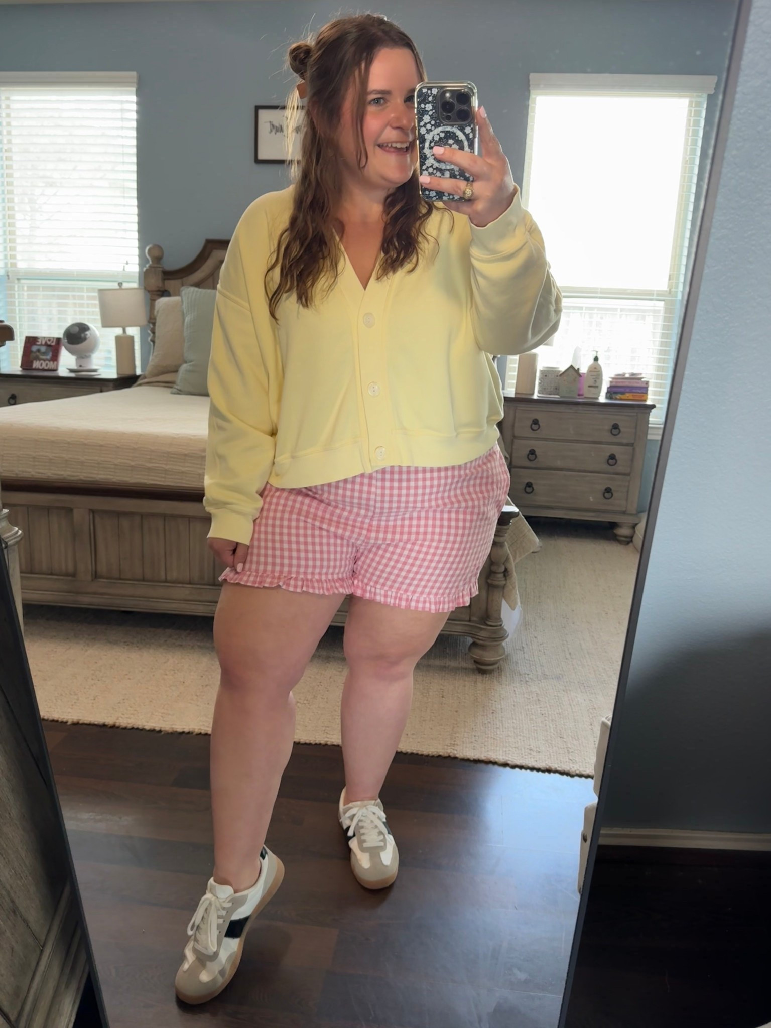 Such a fun and colorful spring and summer outfit! It’s both cute and cozy. I’m a size 16 wearing an xxl in the Amazon boxer shorts and an xl in this target yellow cardigan. Paired with Amazon sneakers. 

#LTKPlusSize #LTKMidsize #LTKootd