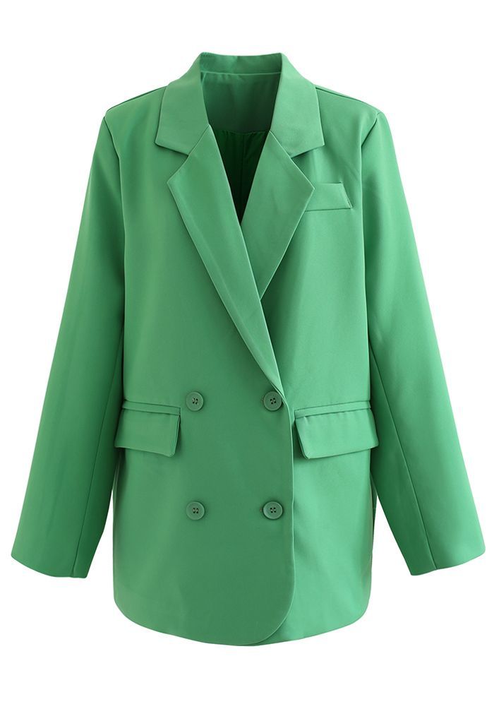 Double-Breasted Flap Pockets Blazer in Green | Chicwish