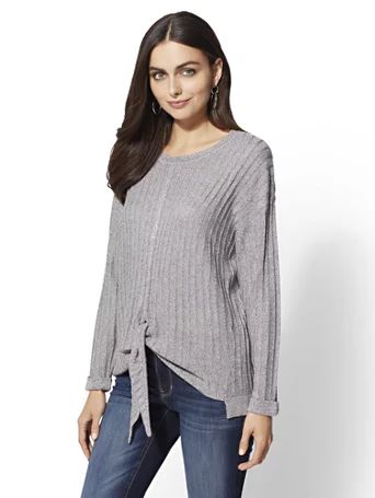 Tie-Front Ribbed-Knit Marled Sweater | New York & Company