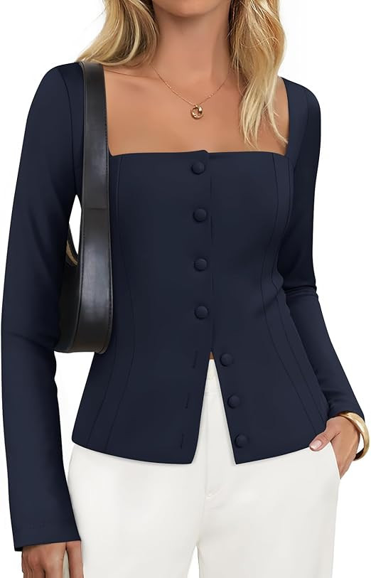 ZESICA Women's Spring Square Neck Blazers 2026 Casual Long Sleeve Button Up Work Business Fitted ... | Amazon (US)