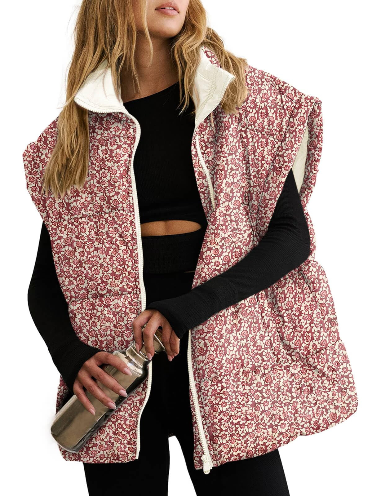 Womens Floral Oversized Puffer Vest Cap Sleeve Winter Warm Puffy Quilted Jackets Coat | Walmart (US)