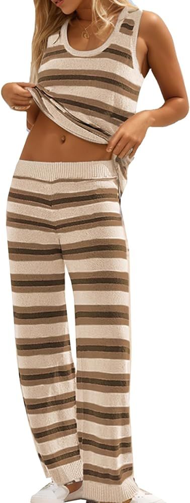 Womens 2 Piece Sweater Set Lounge Set Sleeveless Knit Tank Tops and Pants Beach Outfits Sets | Amazon (US)