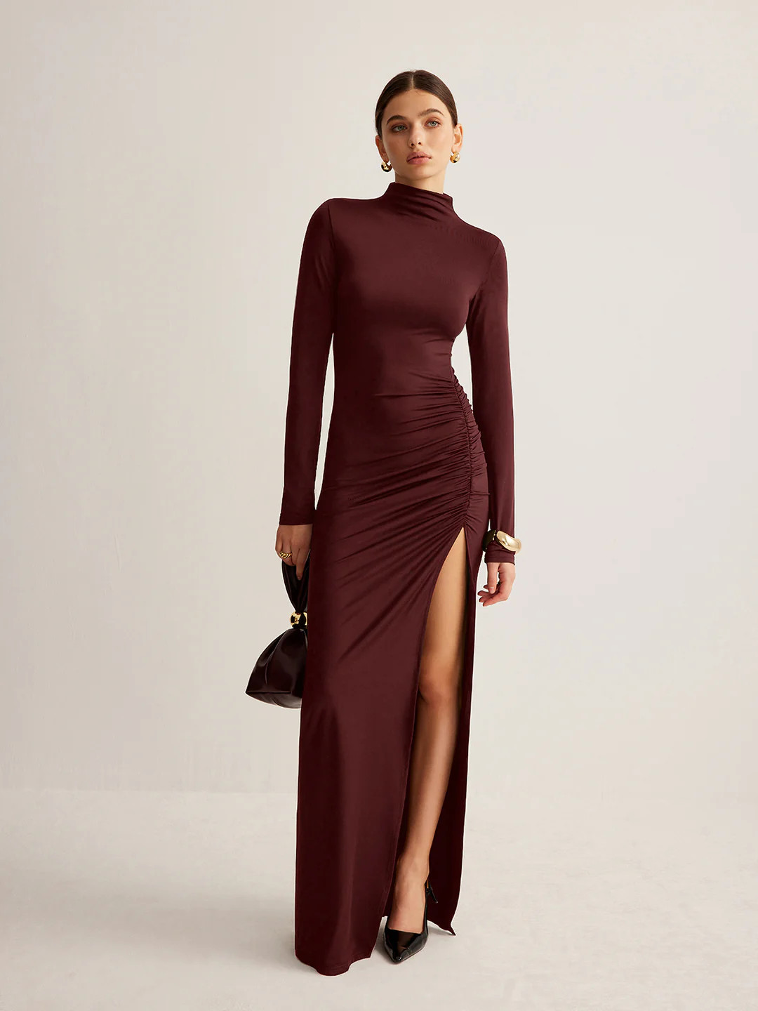 Stand-Collar Pleated Slit Jersey Dress | Commense
