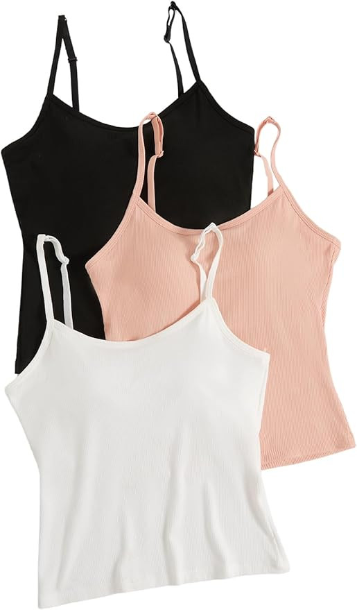 WDIRARA Women's 3 Pack Cami Crop Top Built in Bra Spaghetti Strap Camisole Tops | Amazon (US)