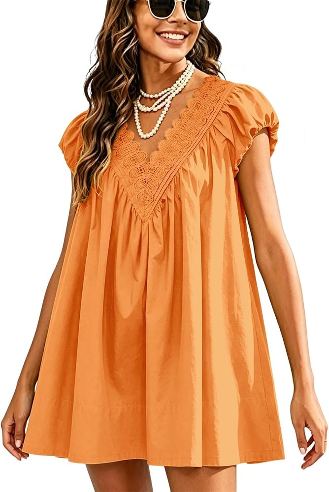 Womens Babydoll Mini Short Dress V Neck Puff Sleeve A Line Boho Scalloped Loose Beach Sundress wi... | Amazon (US)