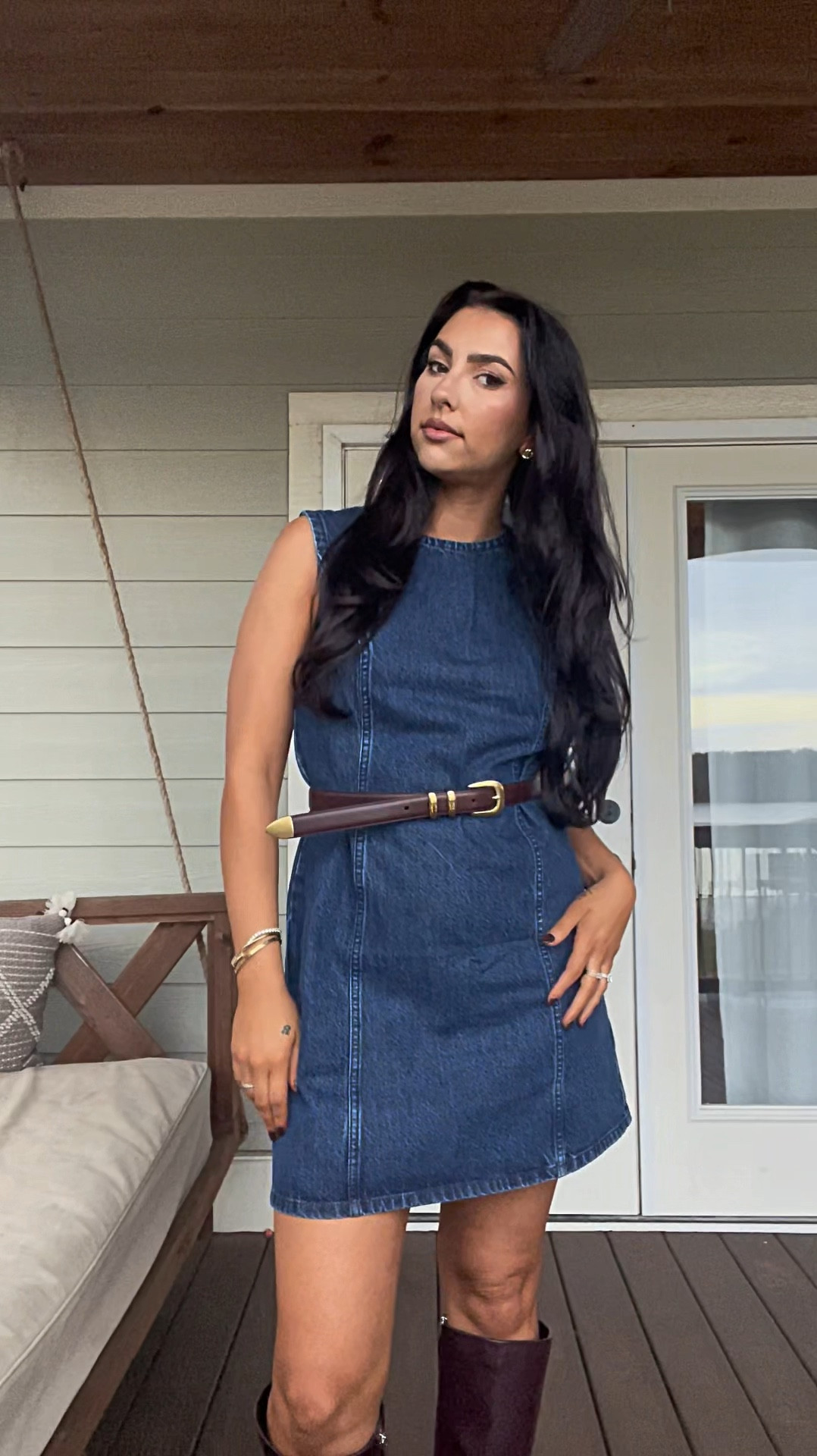 Dark denim dress from Abercrombie with brown belt and brown boots 

#LTKStyleTip #LTKHoliday #LTKSeasonal