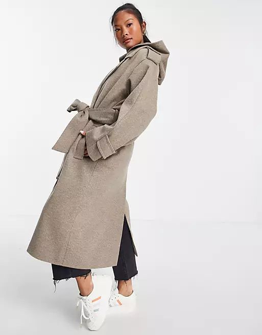 ASOS DESIGN Petite slouchy belted coat with hood in mushroom | ASOS (Global)