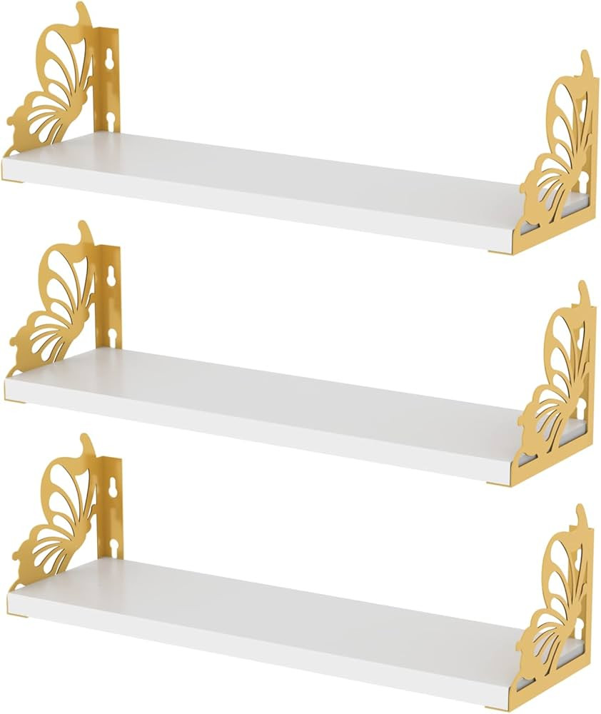 Hoikwo 3 Pack Butterfly Wall Shelves, White Gold Floating Book Shelves, for Mother, Mom, Women, G... | Amazon (US)