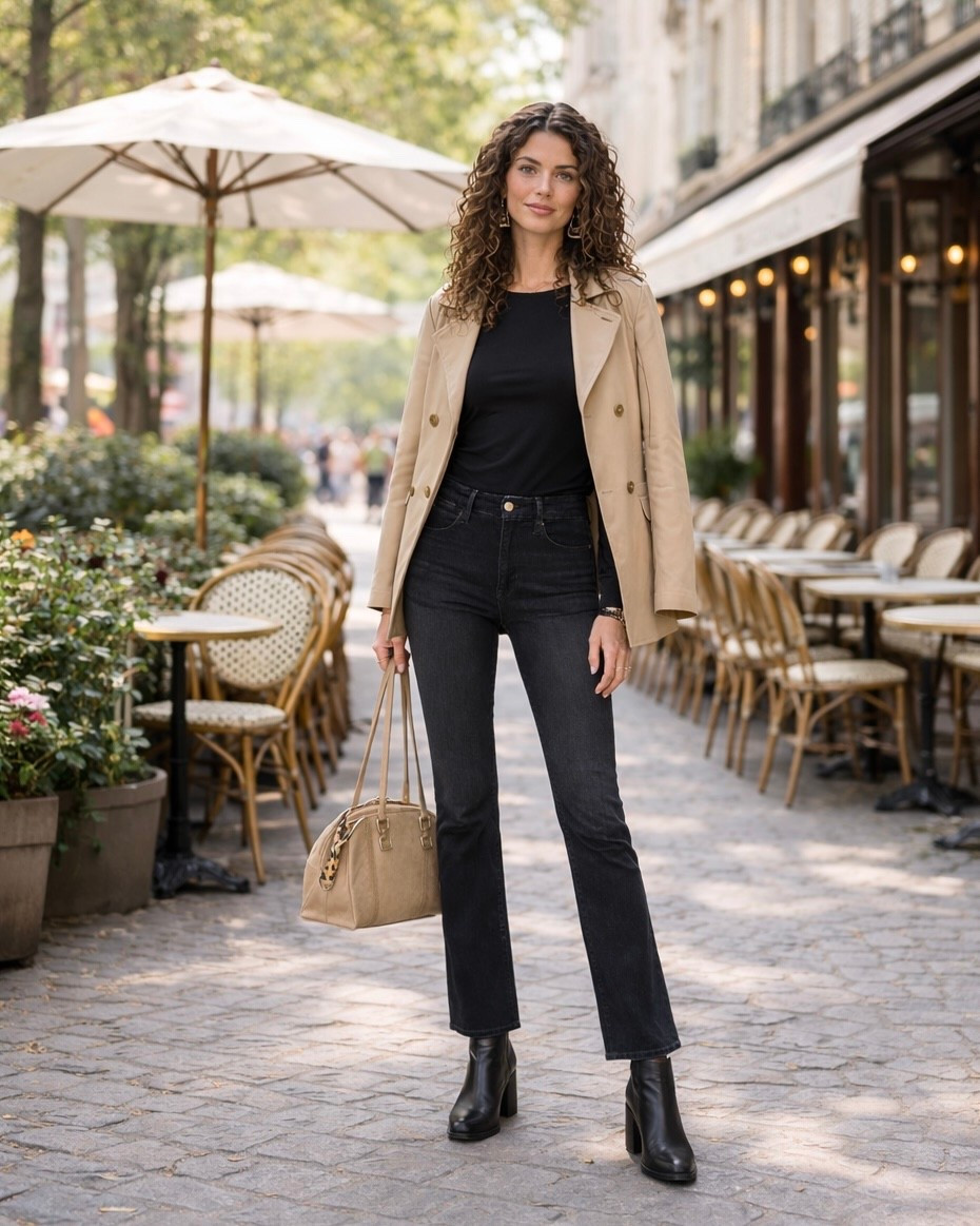 Black asymmetric long sleeve top styled with dark wash straight-leg jeans, layered with a cropped beige trench jacket. Completed with black ankle boots, a soft beige handbag, gold statement earrings, and a neutral-toned watch.
#denimstyle #springessentials #casualoutfits

#LTKOver40 #LTKootd #LTKSeasonal