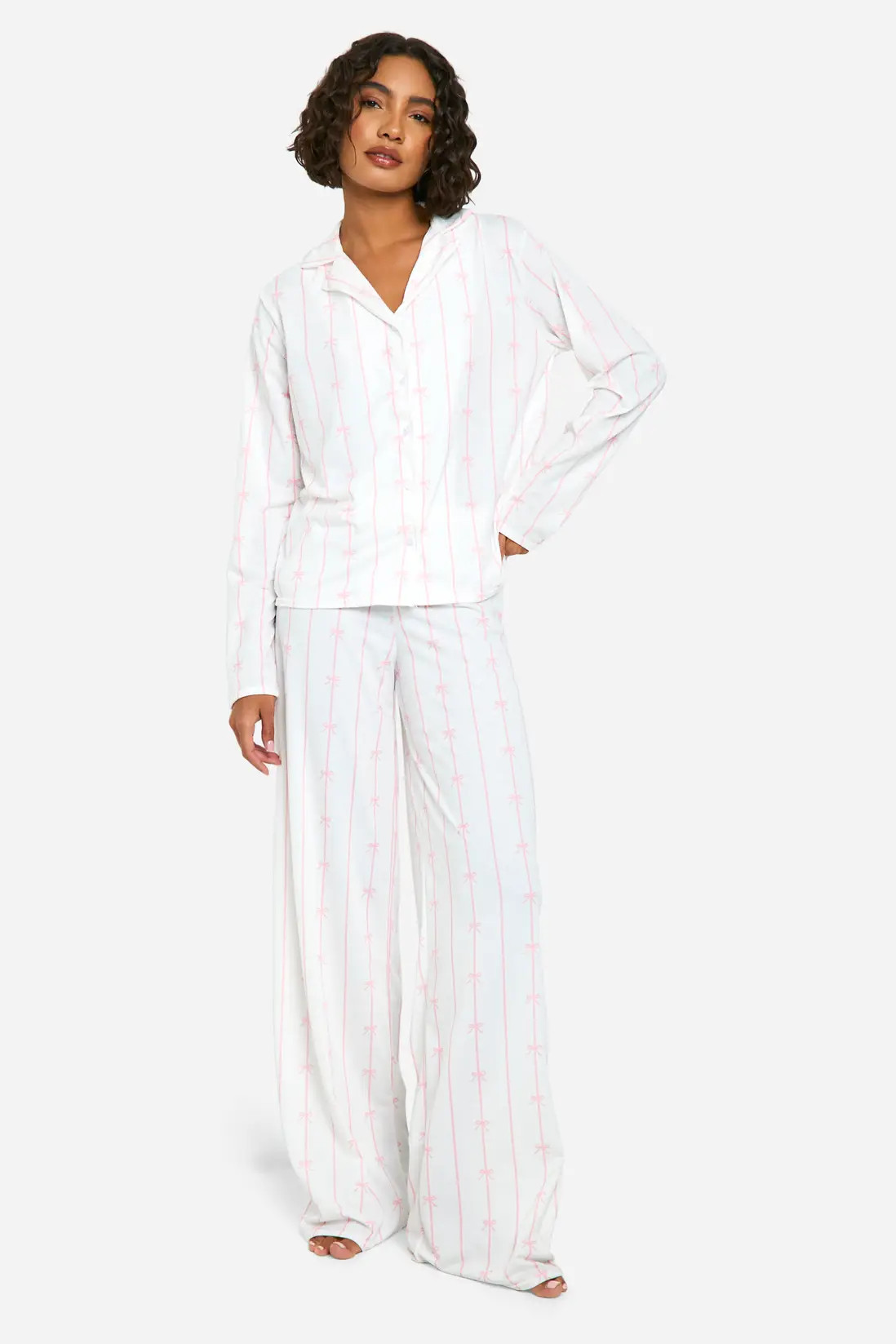 Tall Pinstripe Bow Print Long Sleeve Shirt & Trousers Pyjama Set | boohoo (US & Canada)