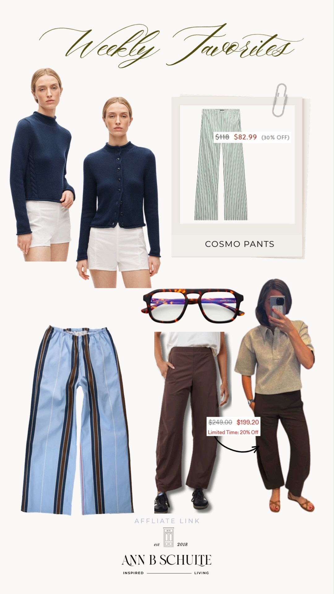 Weekly favorites are serving effortless, everyday style with a little personality. Think cozy navy knits, breezy striped pants, easy neutral trousers, statement frames, and pieces that make getting dressed feel way more fun. Basically, the kind of wardrobe lineup that earns repeat-wear status without trying too hard. ☕️👖✨

#WeeklyFavorites #OutfitInspiration #EverydayStyle #CasualStyle #CapsuleWardrobe #StripedPants #KnitwearStyle #NeutralOutfits #AffordableFashion 

 #LTKootd #LTKSaleAlert