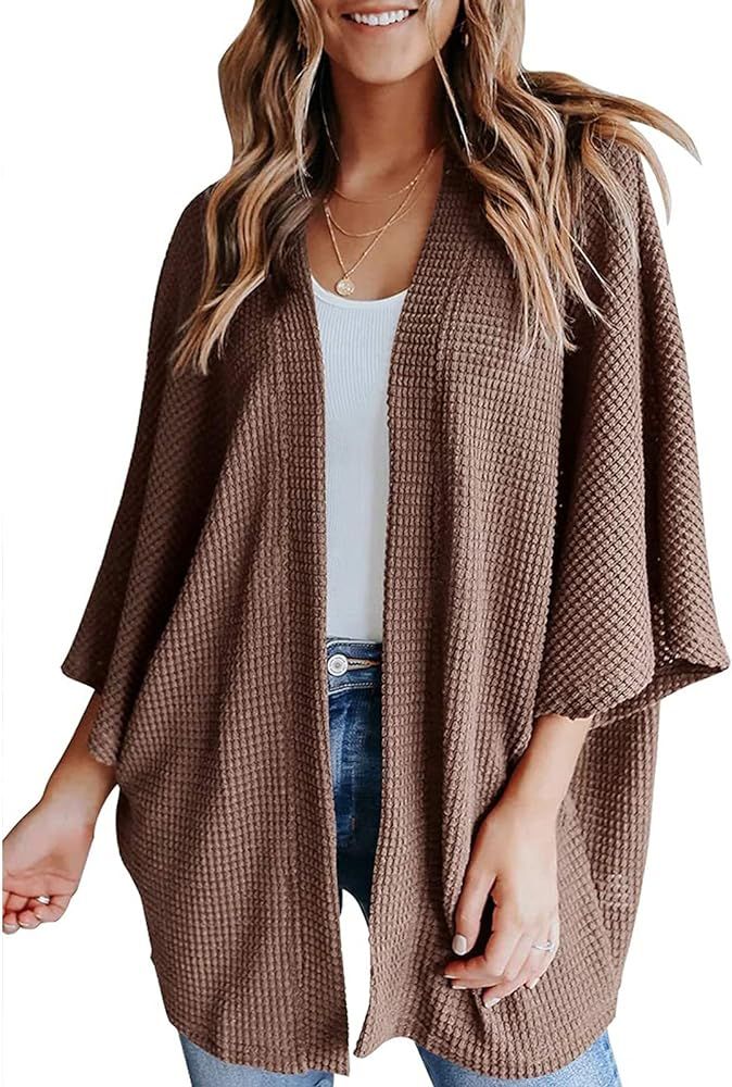 Neufigr Womens Lightweight Kimono Cardigan Open Front Waffle Knit 3/4 Batwing Sleeve Summer Beach Co | Amazon (US)