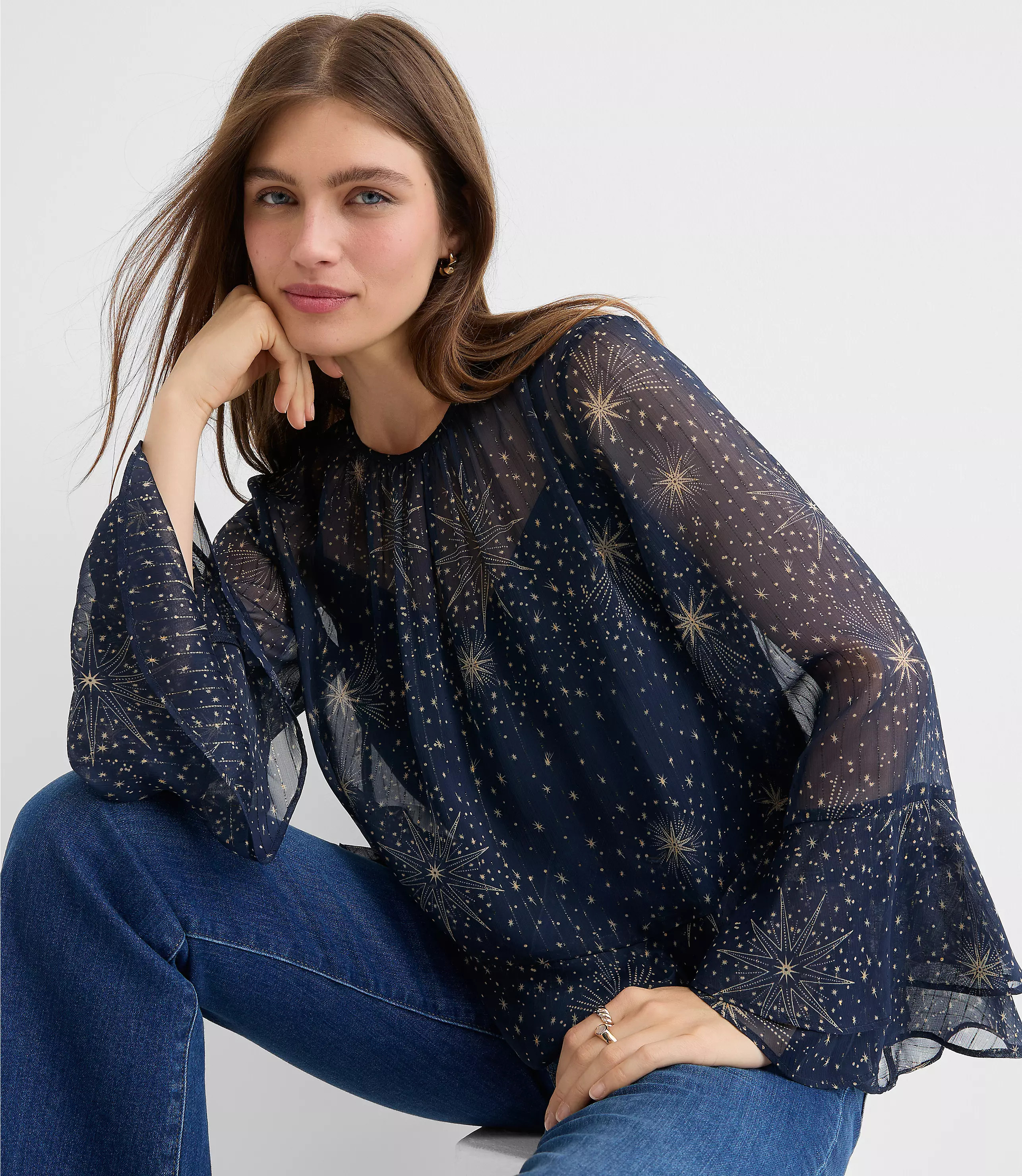 Celestial Shimmer Ruffle Peplum Blouse | LOFT