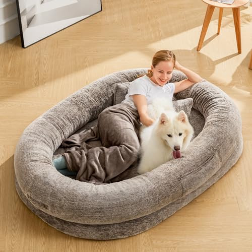 Human Dog Bed - 71''x47''x12.5'' Dog Beds for Humans Size Fits You and Pets, Washable Faux Fur Human Dog Bed for People Doze Off Napping, Large Orthopedic Dog Bed, Present Plump Pillow, Blanket, Brown | Amazon (US)