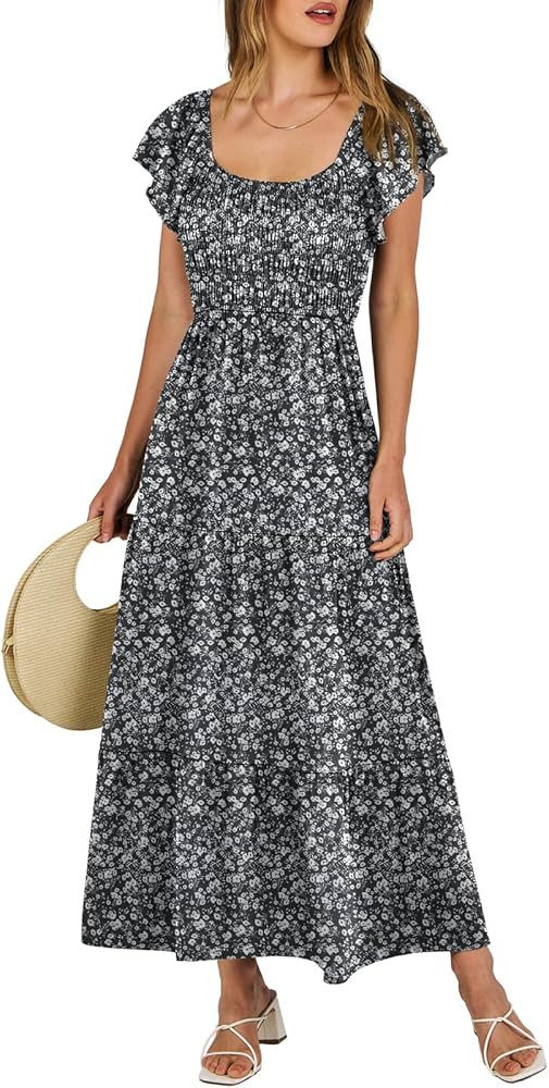 ANRABESS Women’s Casual Summer Maxi Dress Flutter Short Sleeve Scoop Neck Smocked A Line Flowy ... | Amazon (US)