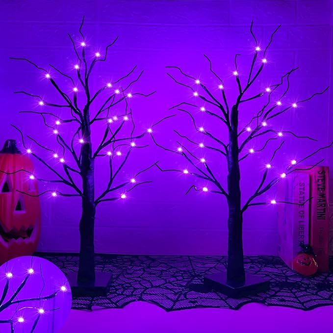 2 Pack 24 Inch Purple Lighted Halloween Birches Tree Decor with Timer Total 48 LED Battery Operat... | Amazon (US)