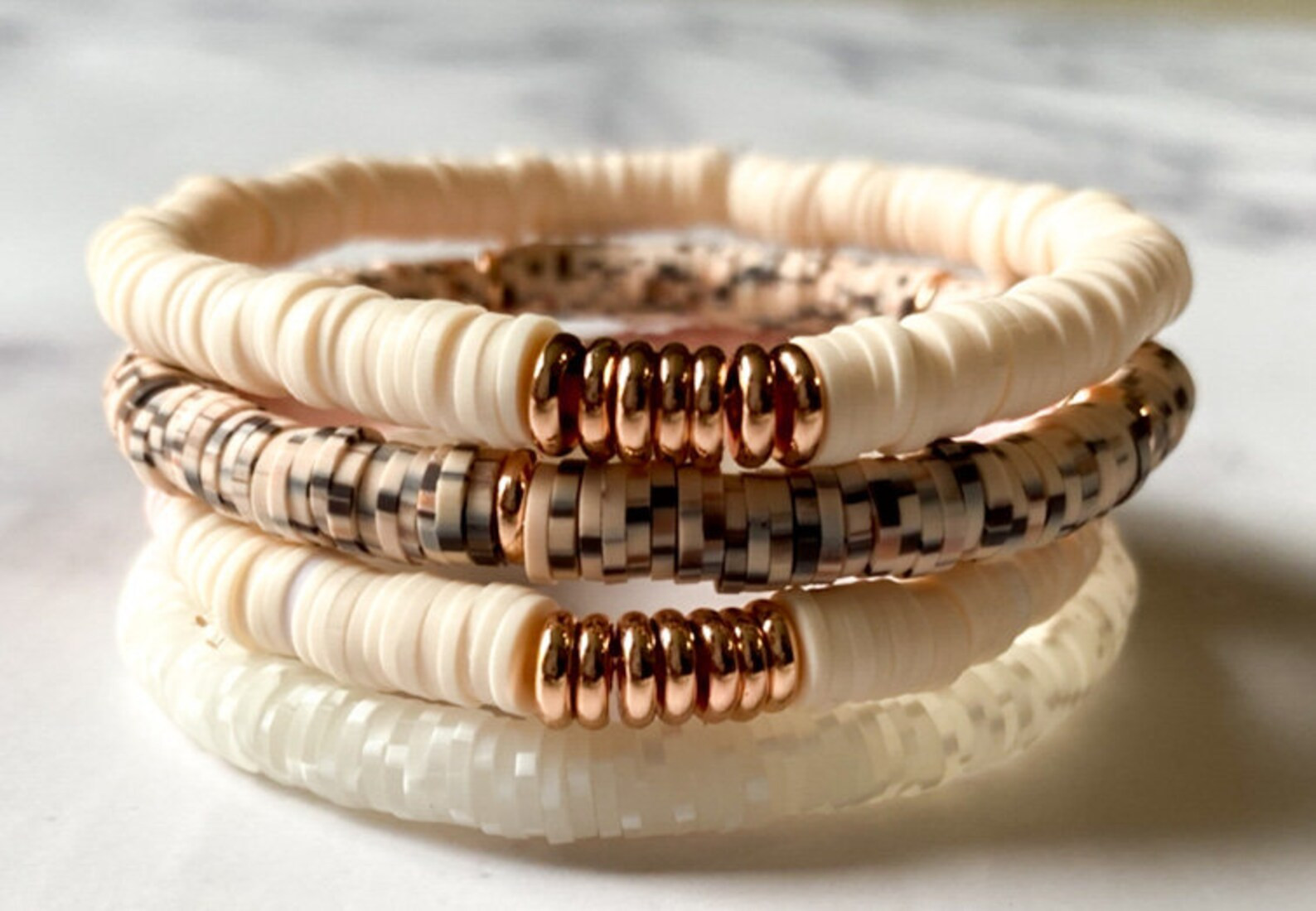 Cream and Tortoise Vinyl Heishi Stack/6mm Heishi Bracelet/Custom Bracelets/Name Bracelets/African... | Etsy (US)